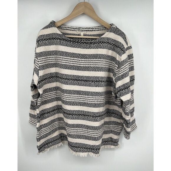 Eileen Fisher System Striped Woven Fringe Sweater Boxy Lagenlook Size Medium - Picture 1 of 4